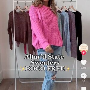 Altar'd State Pink Crew Neck Sweater with Cable Knit Design
